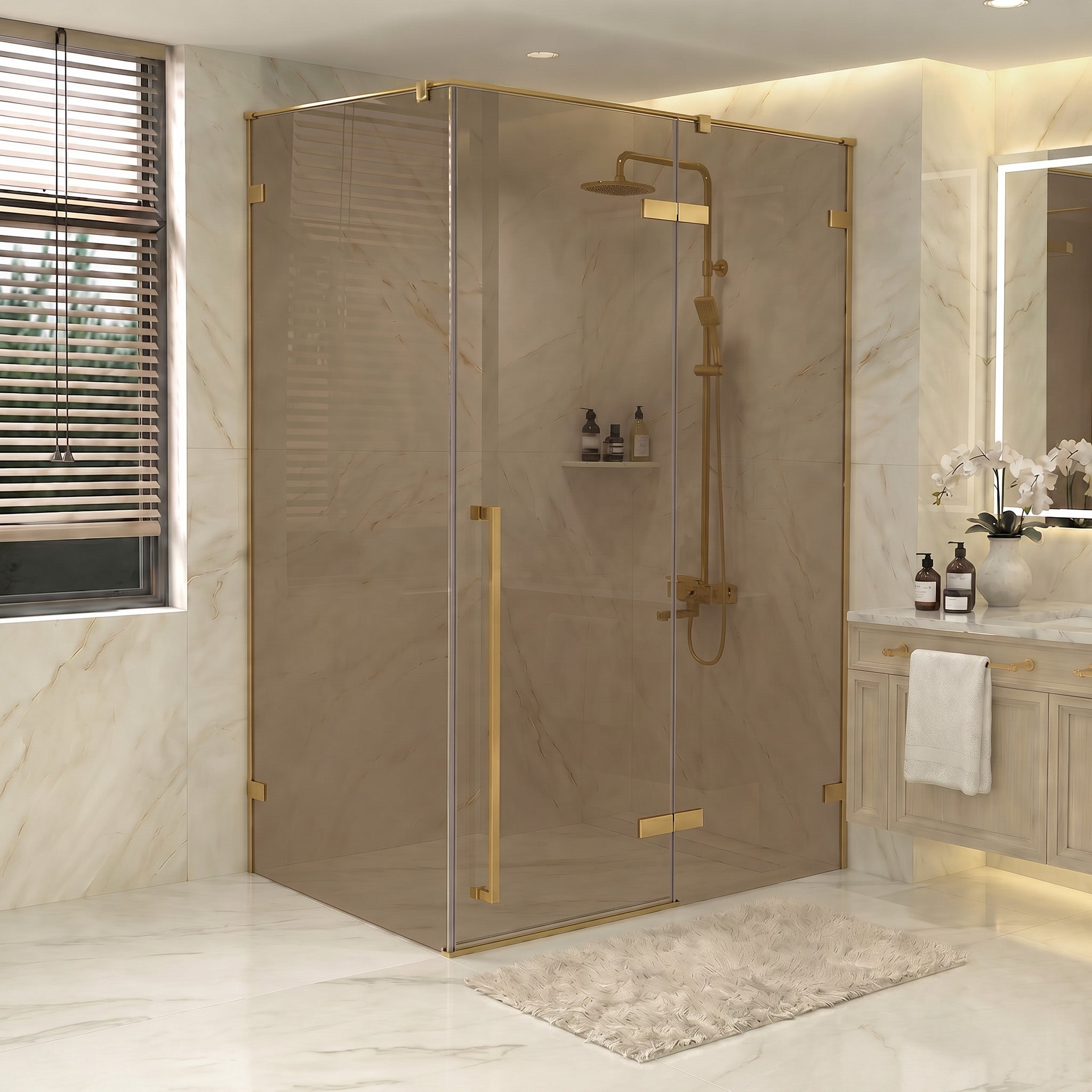 Porte de Douche Pivotante Réversible Or Brossé 60po x 79po avec Verre Brun et Panneau Latéral 36po