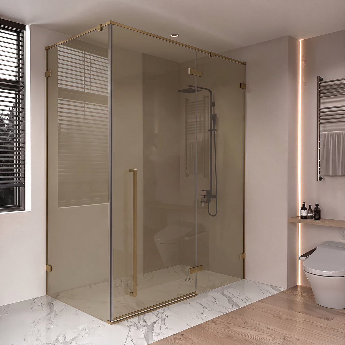 57,6po–58po L (largeur ajustable) x 79po H Porte de douche pivotante réversible sans cadre en or brossé avec verre brun teinté et panneau latéral 34,1po–34,5po