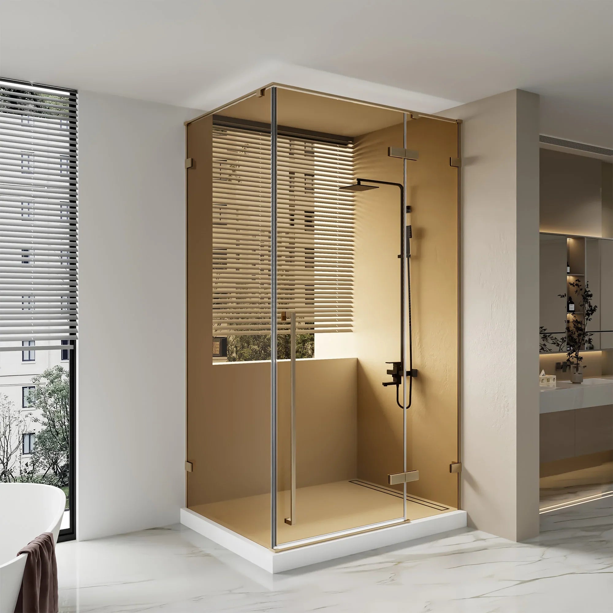 60" x 79" Reversible Fixed/Pivot Shower door Brushed Gold with Brown Tinted Glass and 36" x 79" Side Shower Panel