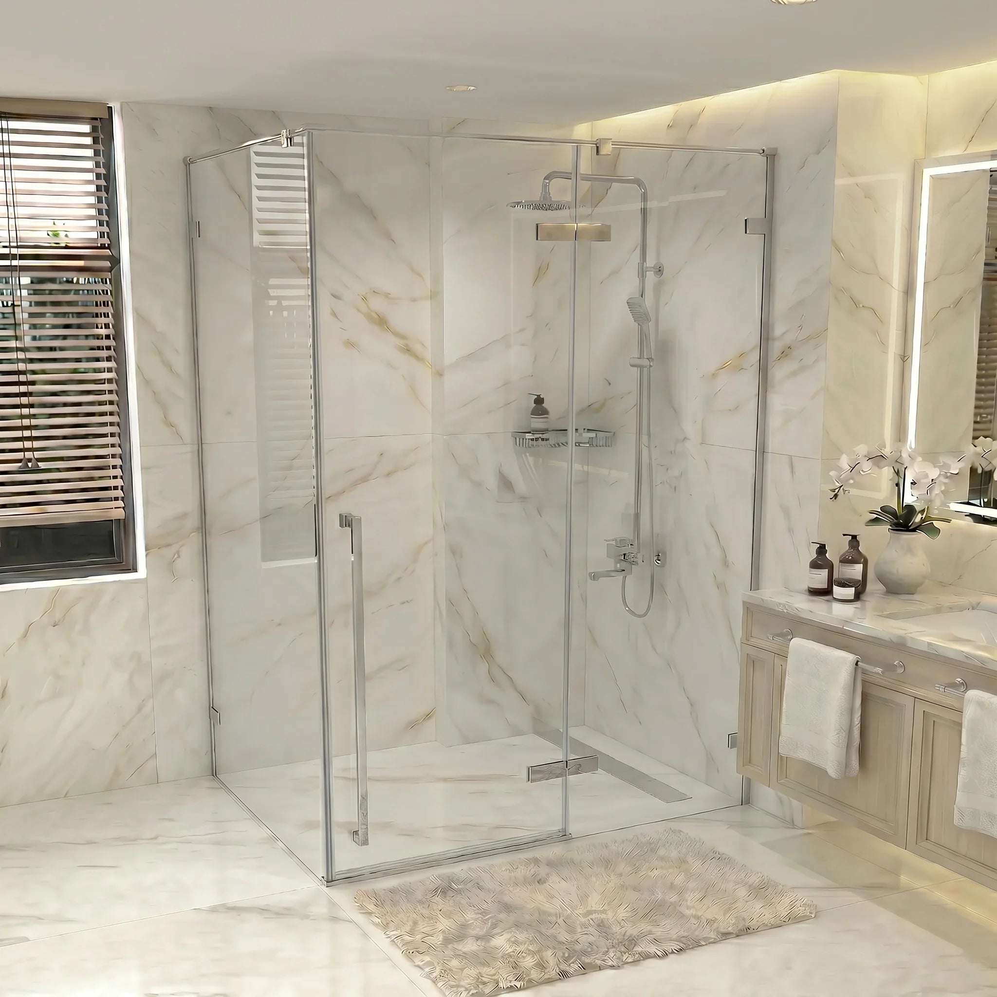 57.6"–58" x 79" Chrome Reversible Pivot Shower Door with 34.1"–34.5" Side Panel - Clear Glass