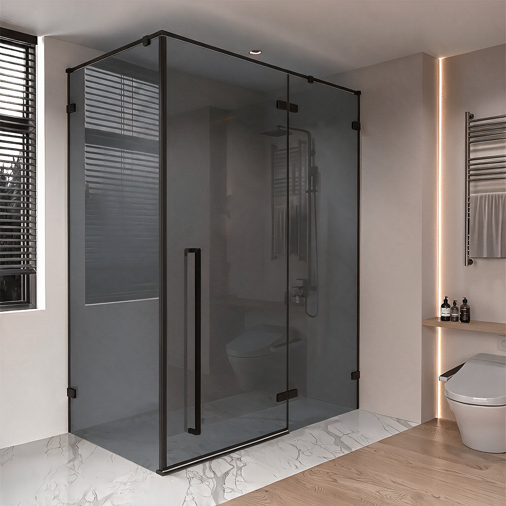 57.6"–58" W (Adjustable Width) x 79" H Frameless Reversible Pivot Shower Door in Matte Black with 34.1"–34.5" Black Tinted Glass Side Panel