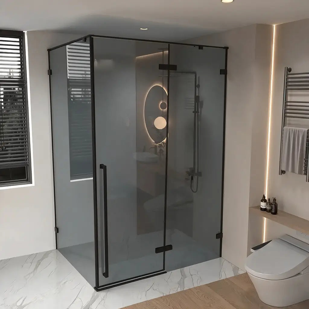 57.6"–58" W (Adjustable Width) x 79" H Frameless Reversible Pivot Shower Door in Matte Black with 34.1"–34.5" Black Tinted Glass Side Panel
