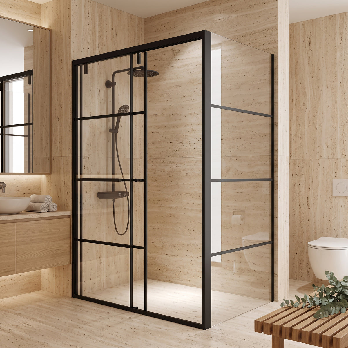 Porte de douche coulissante en coin réversible 48po x 32po x 79po en noir mat