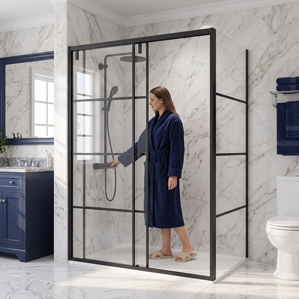 Porte de douche coulissante en coin réversible 48po x 32po x 79po en noir mat