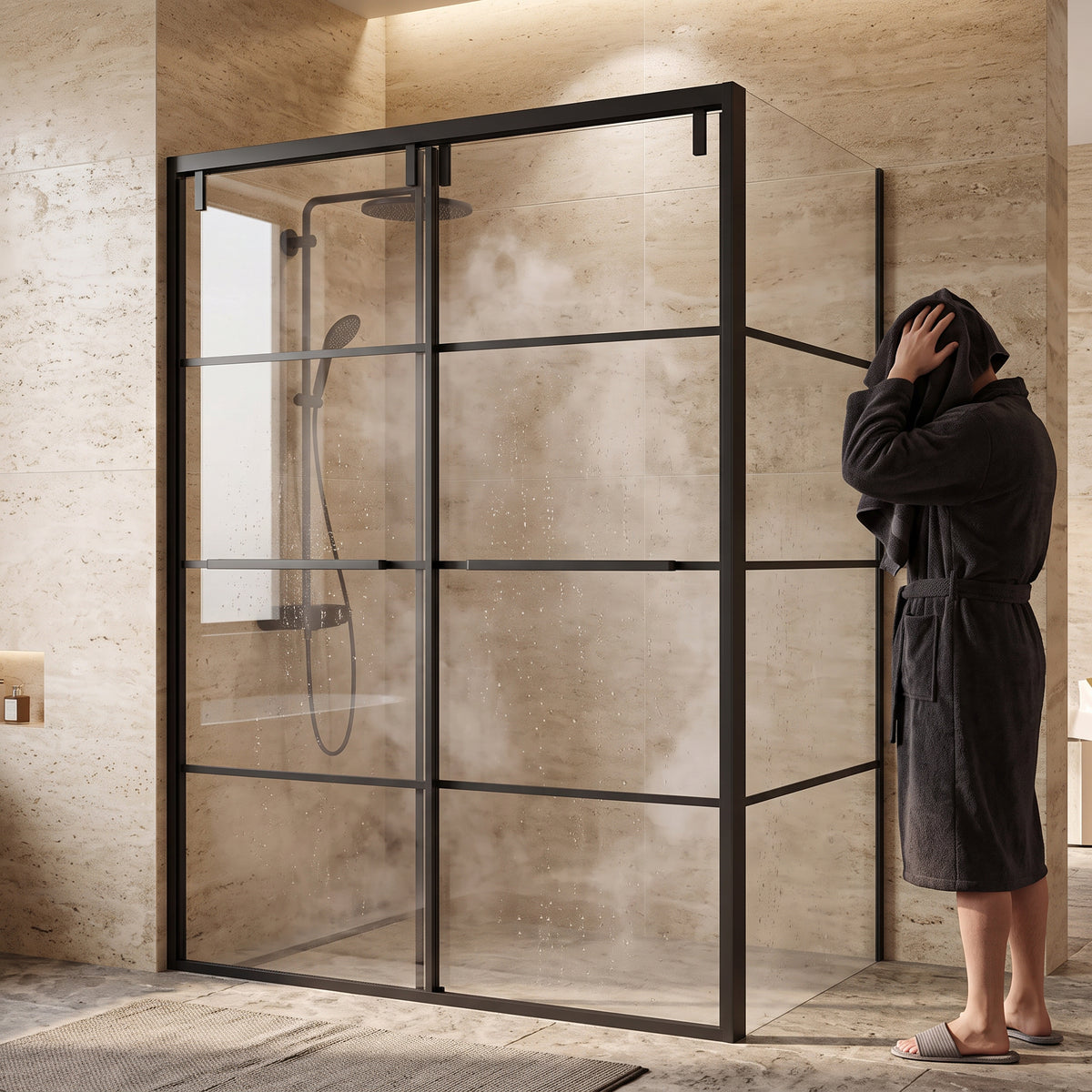 Porte de douche coulissante en coin réversible 48po x 32po x 79po en noir mat