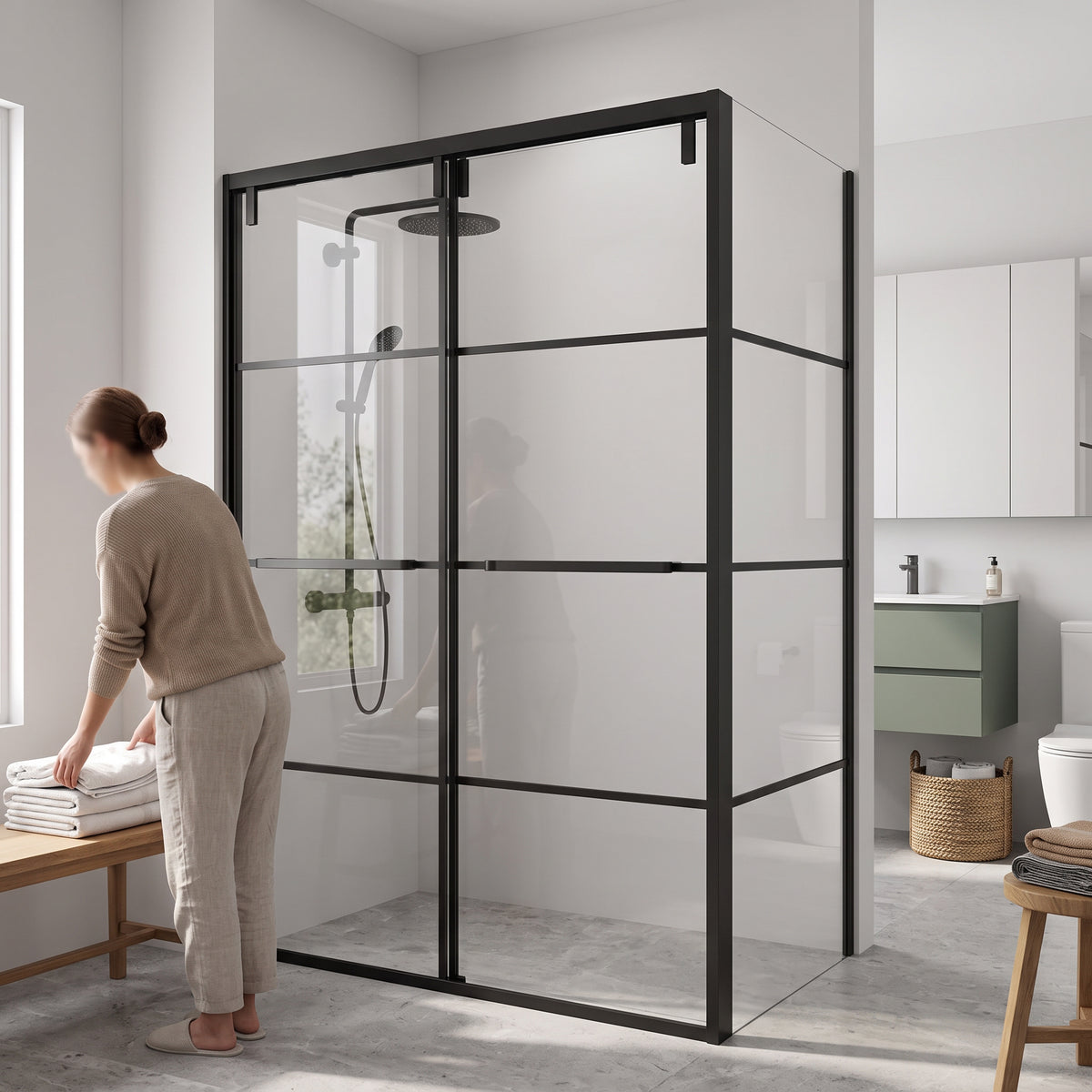 Porte de douche coulissante en coin réversible 48po x 32po x 79po en noir mat