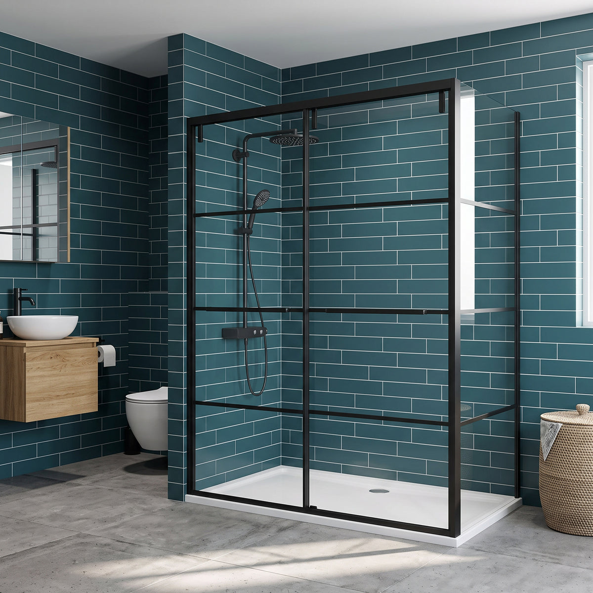 Porte de douche coulissante en coin réversible 48po x 32po x 79po en noir mat