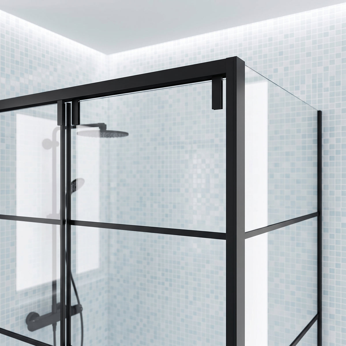 Porte de douche coulissante en coin réversible 48po x 32po x 79po en noir mat