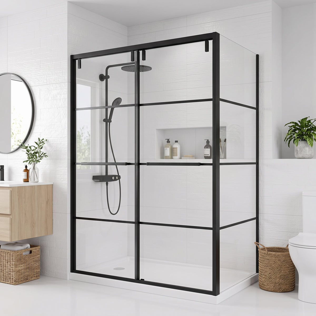 Porte de douche coulissante en coin réversible 48po x 32po x 79po en noir mat