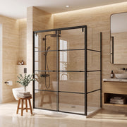 Porte de douche coulissante en coin réversible 48po x 36po x 79po en noir mat