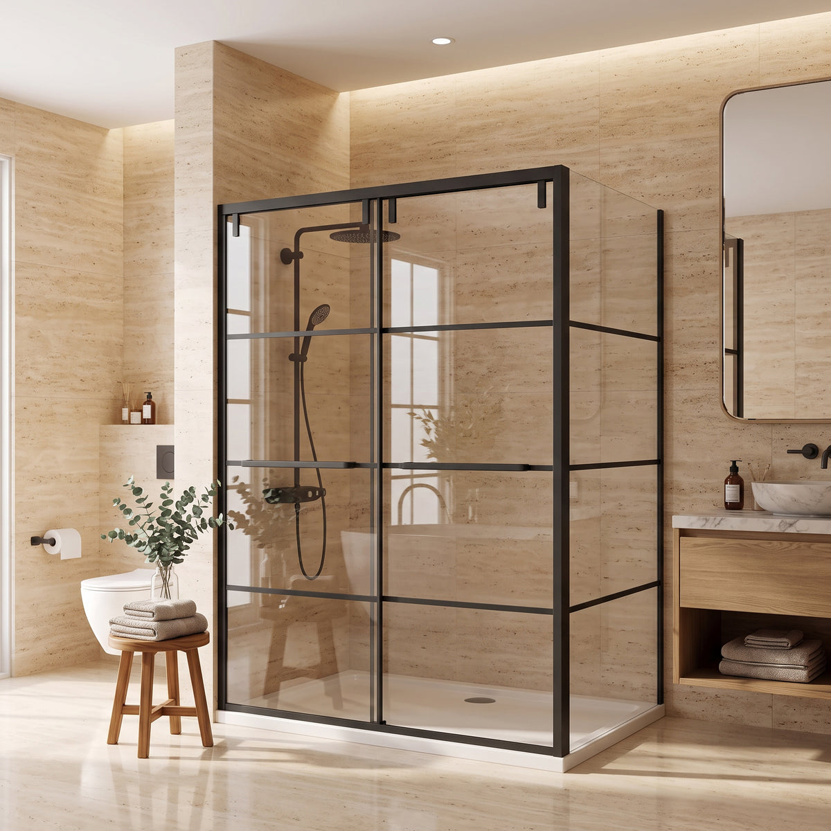 Porte de douche coulissante en coin réversible 48po x 36po x 79po en noir mat
