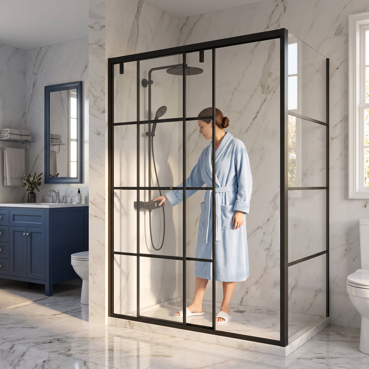 Porte de douche coulissante en coin réversible 48po x 36po x 79po en noir mat
