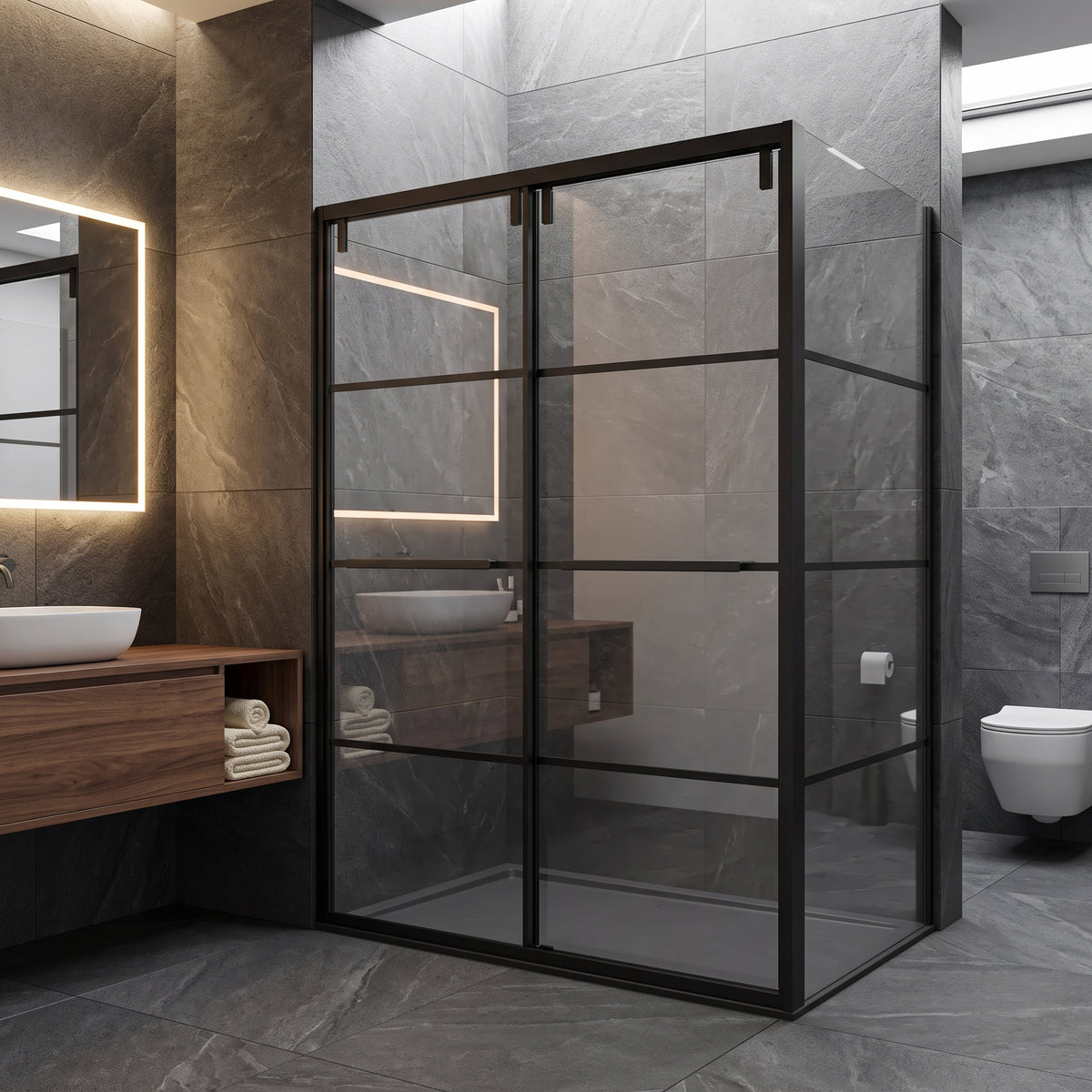 Porte de douche coulissante en coin réversible 48po x 36po x 79po en noir mat