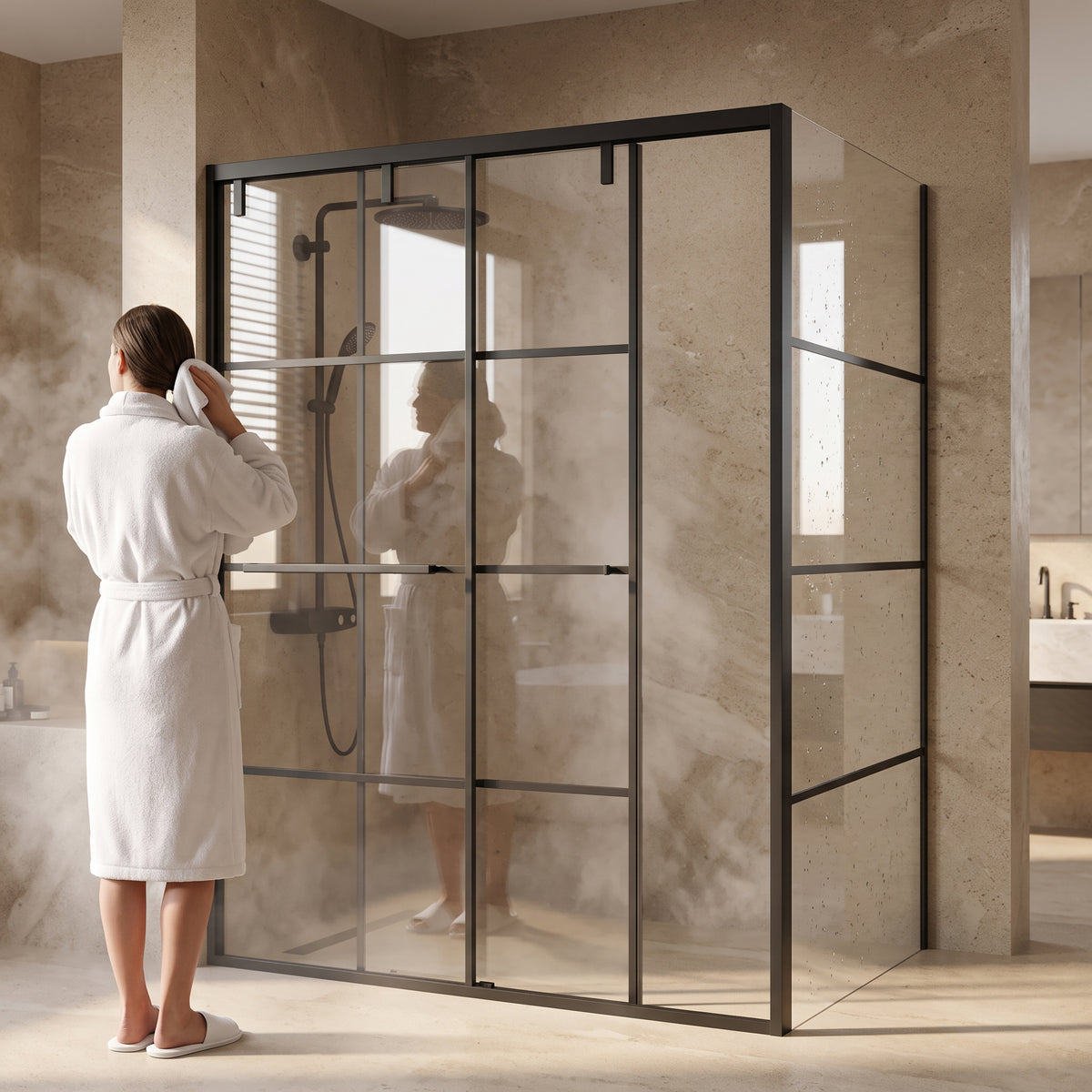 Porte de douche coulissante en coin réversible 48po x 36po x 79po en noir mat