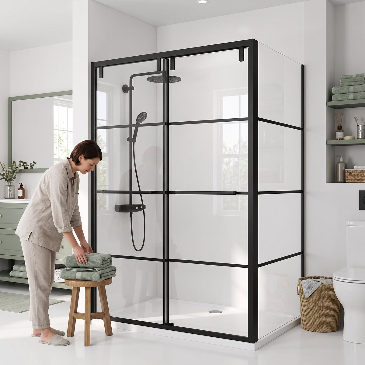 Porte de douche coulissante en coin réversible 48po x 36po x 79po en noir mat