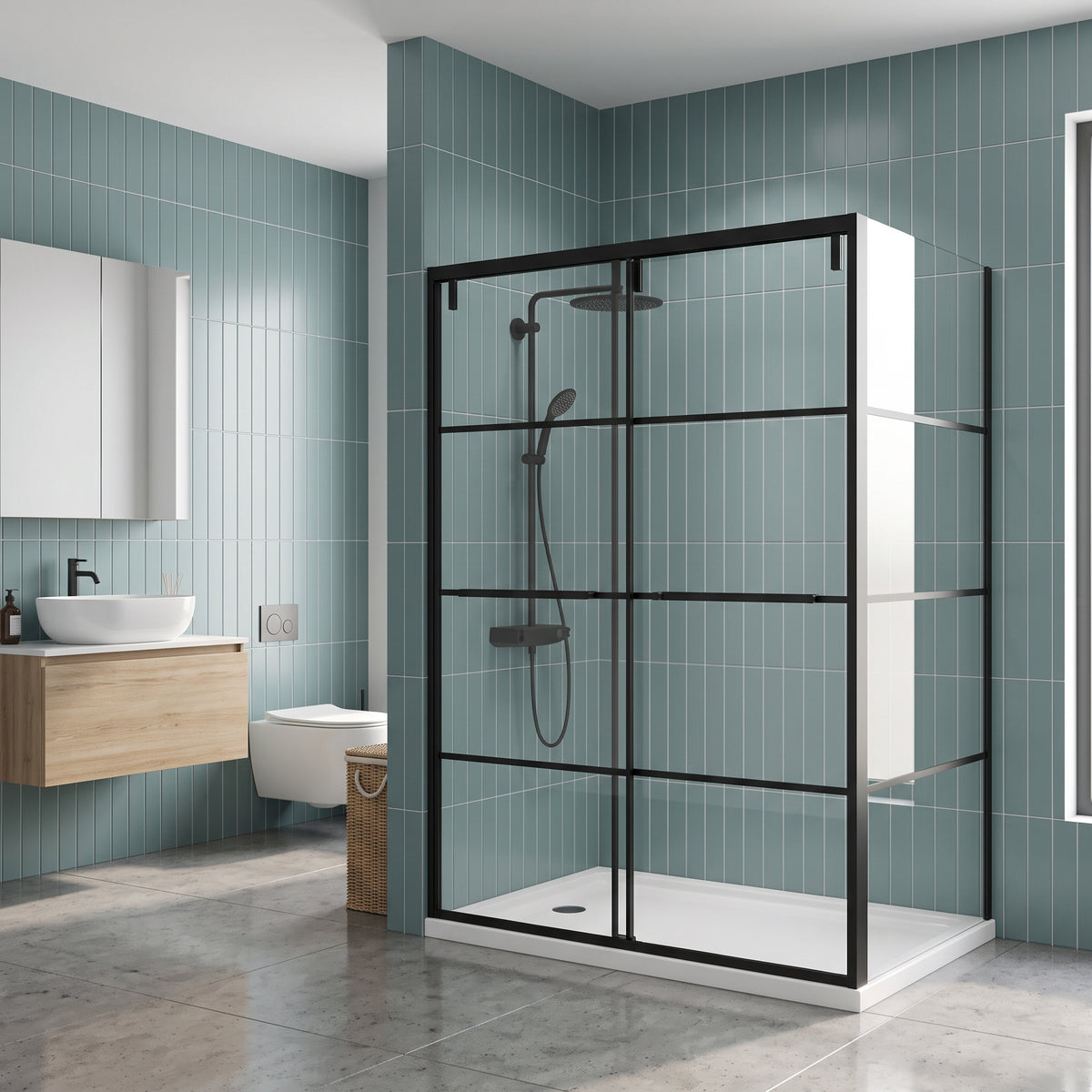 Porte de douche coulissante en coin réversible 48po x 36po x 79po en noir mat