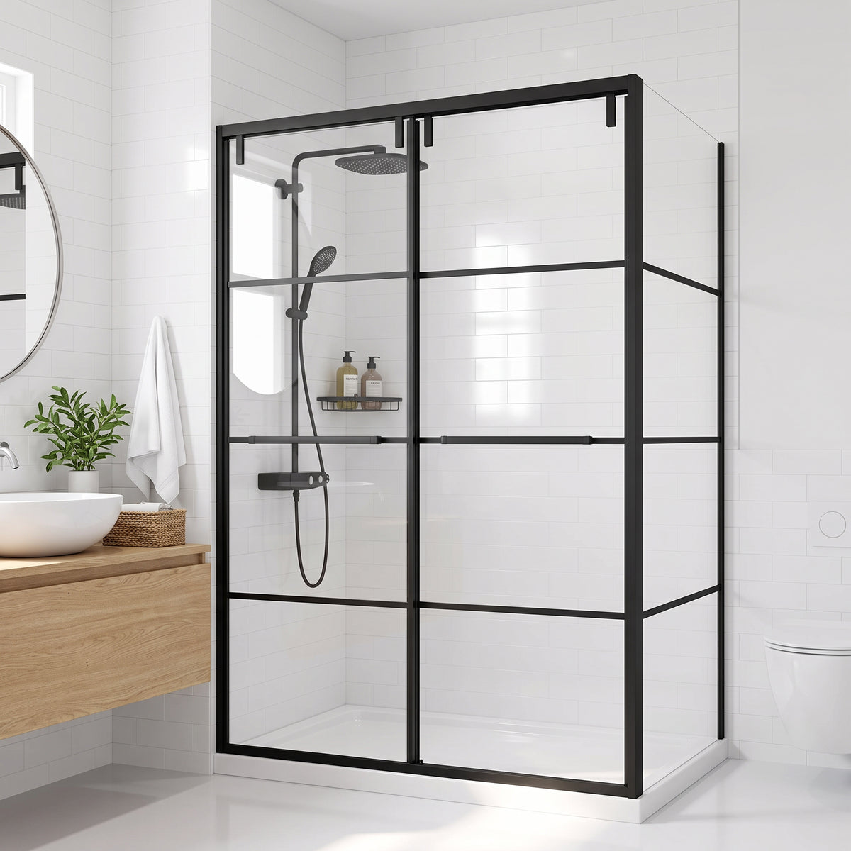 Porte de douche coulissante en coin réversible 48po x 36po x 79po en noir mat