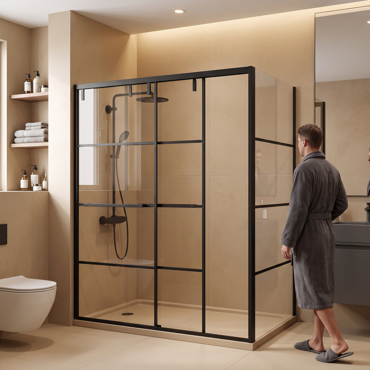 60" x 32" x 79" Reversible Corner Sliding Shower Door in Matte Black