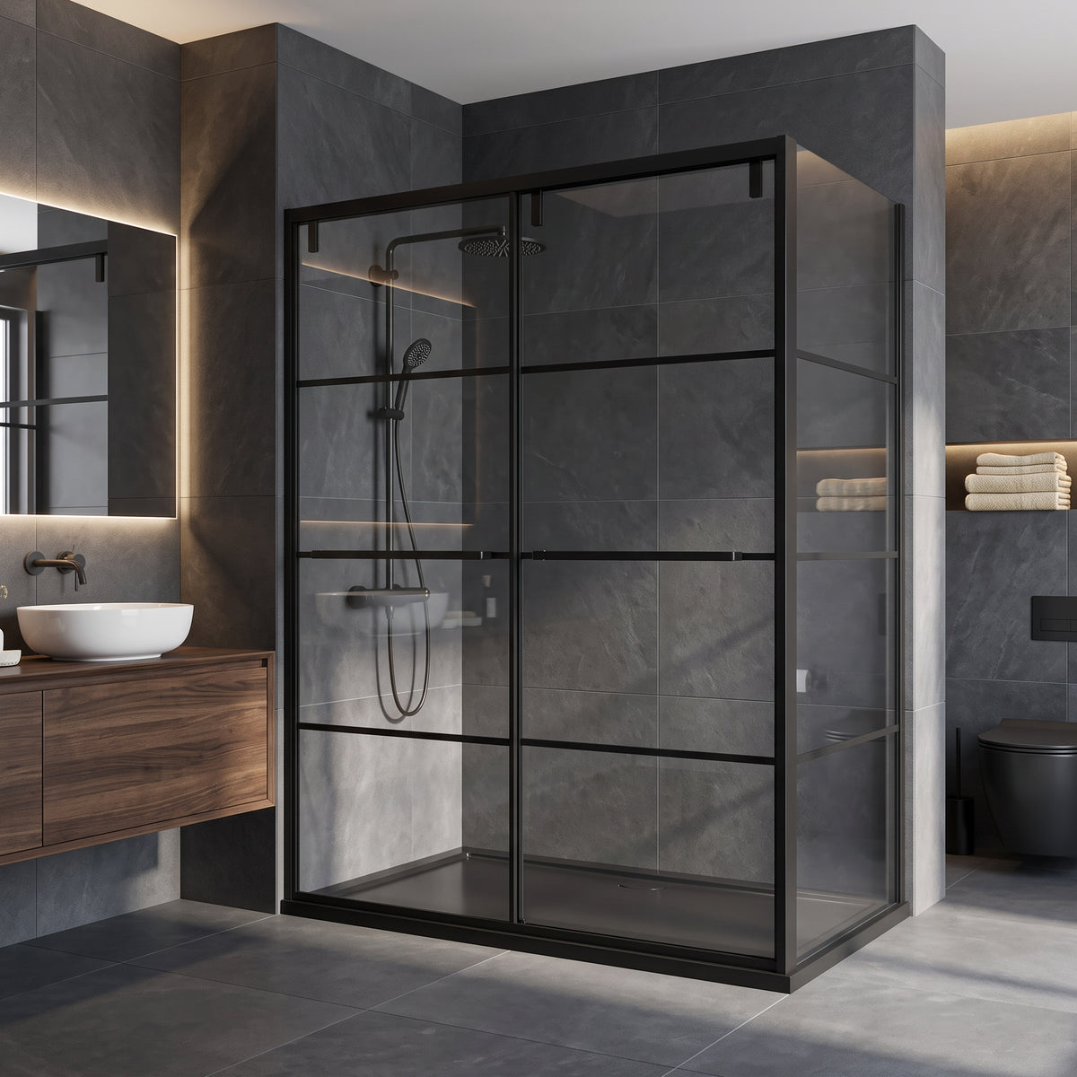 60" x 32" x 79" Reversible Corner Sliding Shower Door in Matte Black