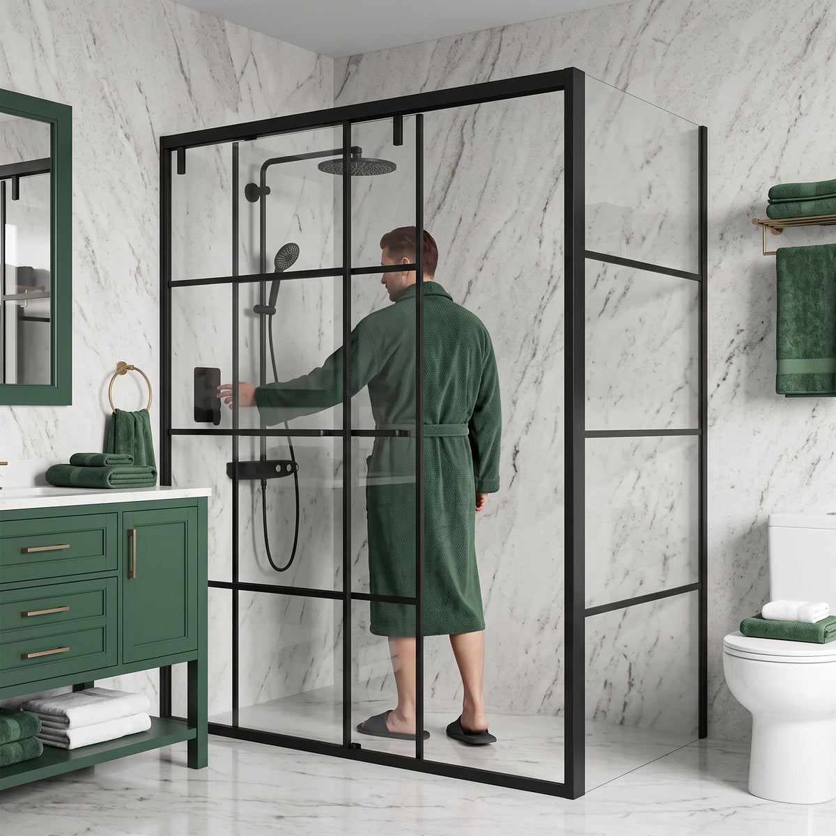 60" x 32" x 79" Reversible Corner Sliding Shower Door in Matte Black