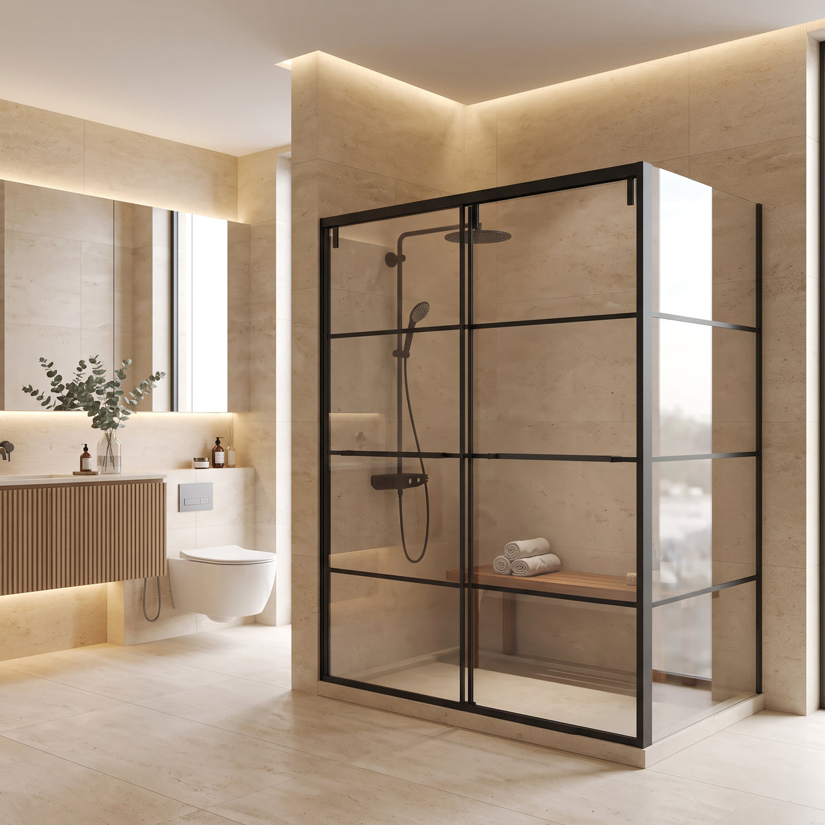 Porte de douche coulissante en coin réversible 60po x 32po x 79po en noir mat