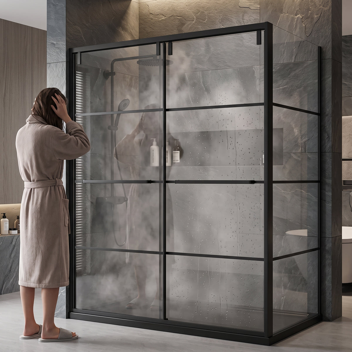 60" x 32" x 79" Reversible Corner Sliding Shower Door in Matte Black