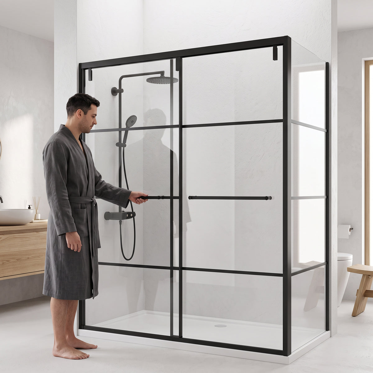 60" x 32" x 79" Reversible Corner Sliding Shower Door in Matte Black