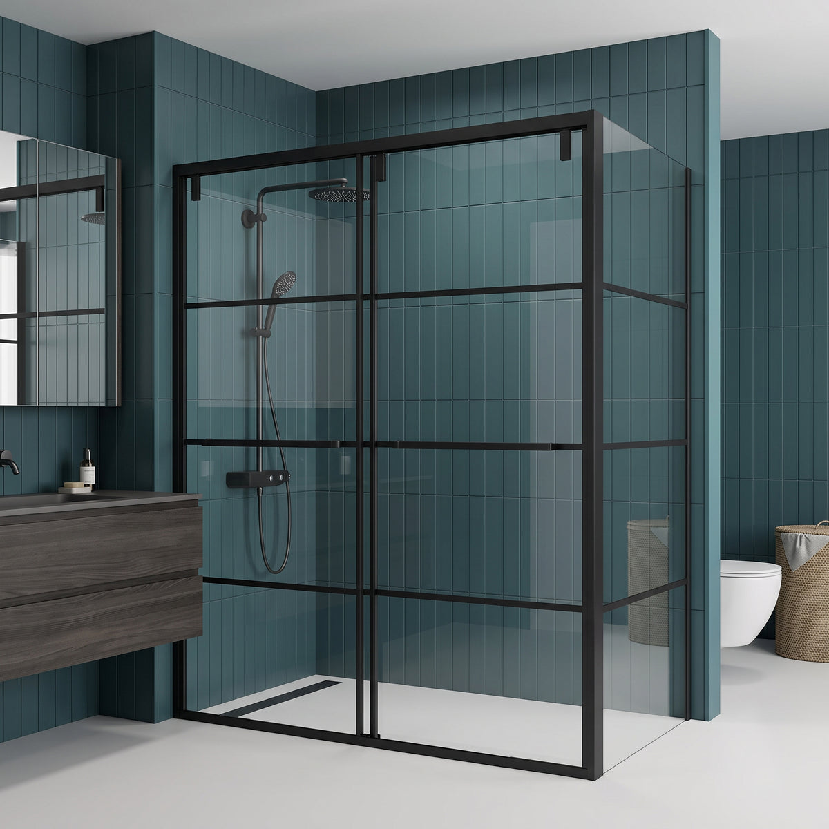 Porte de douche coulissante en coin réversible 60po x 36po x 79po en noir mat