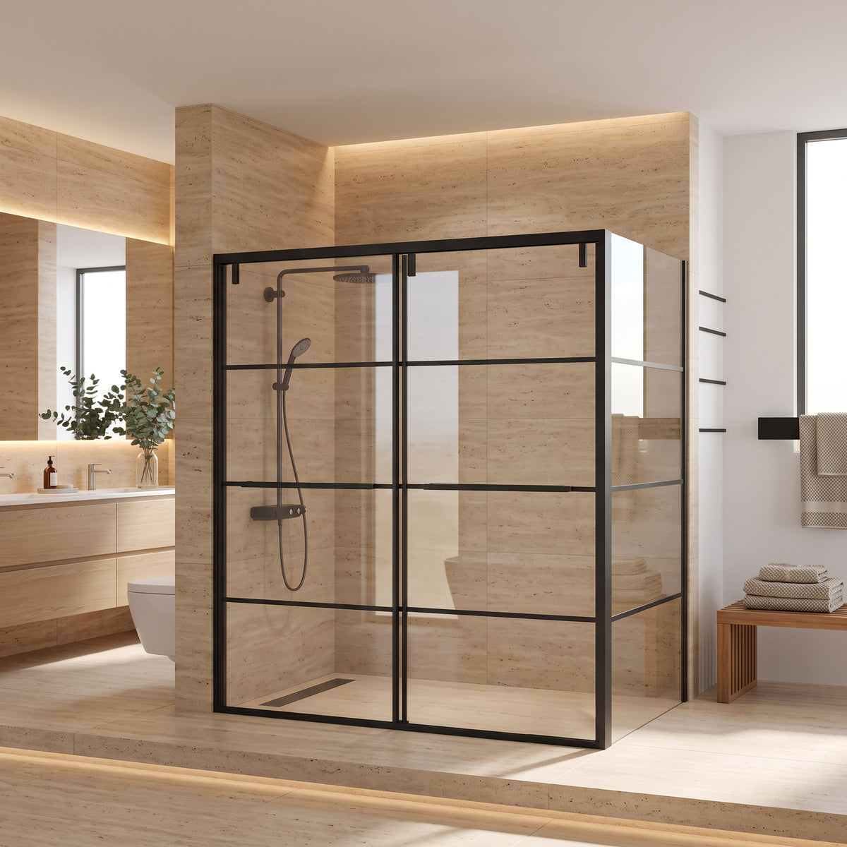 Porte de douche coulissante en coin réversible 60po x 36po x 79po en noir mat