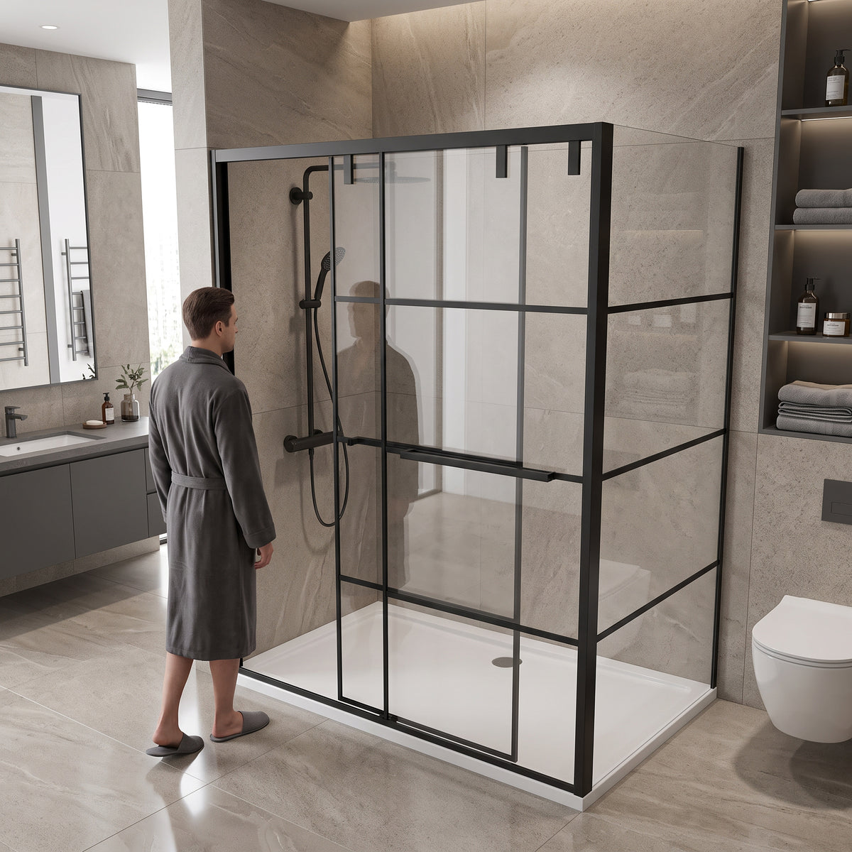 Porte de douche coulissante en coin réversible 60po x 36po x 79po en noir mat
