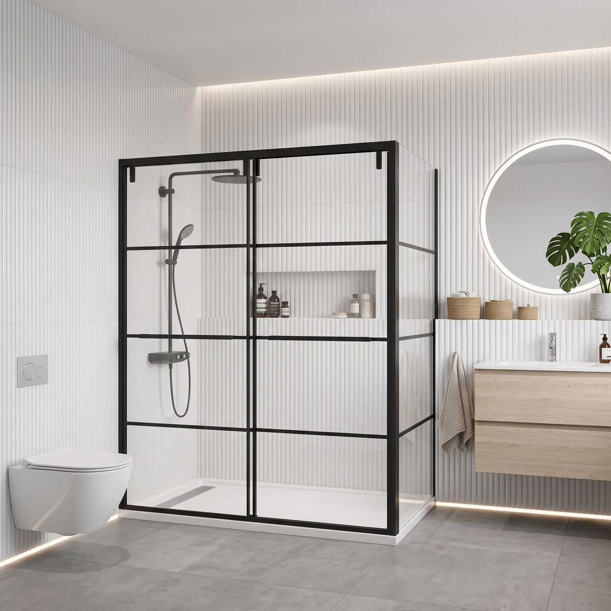 Porte de douche coulissante en coin réversible 60po x 36po x 79po en noir mat