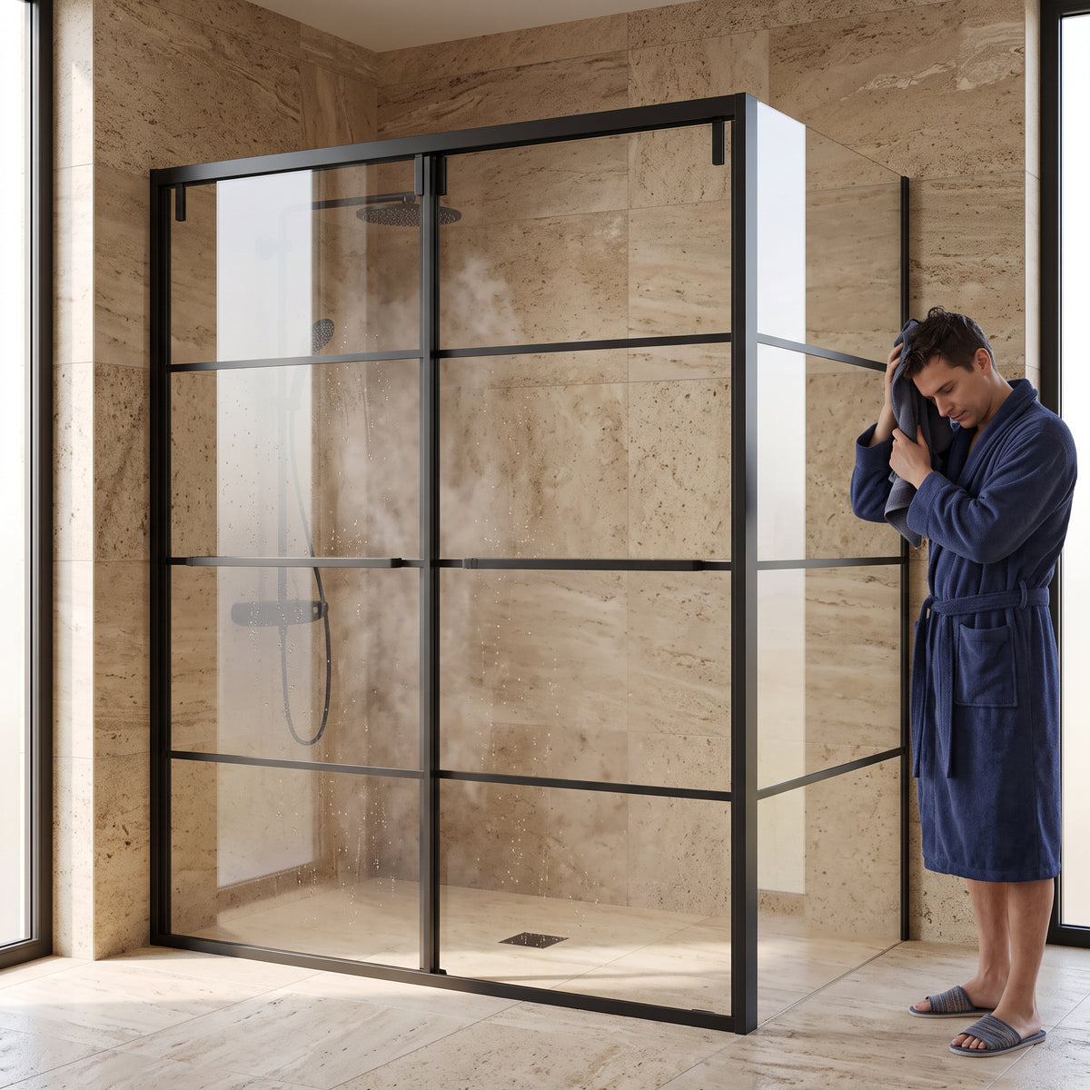 Porte de douche coulissante en coin réversible 60po x 36po x 79po en noir mat