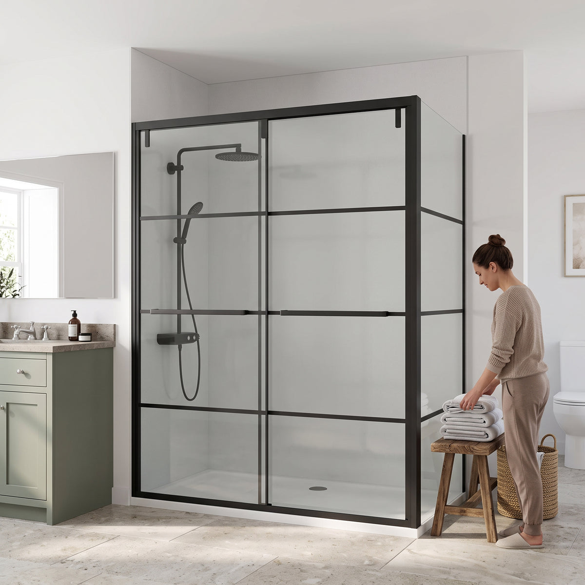 Porte de douche coulissante en coin réversible 60po x 36po x 79po en noir mat