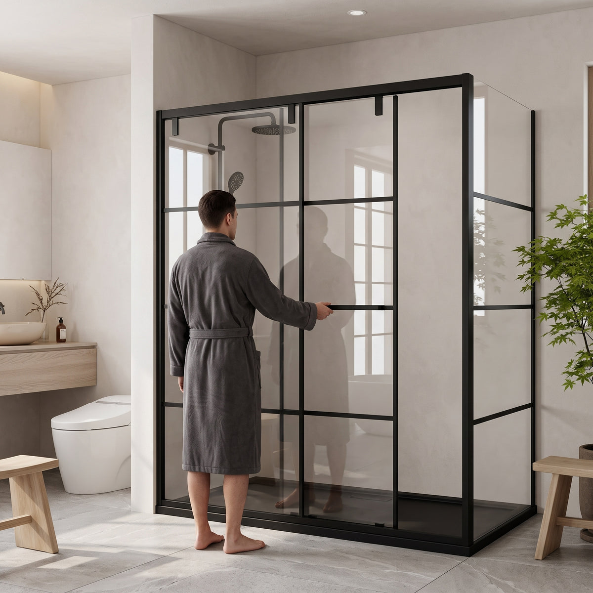 Porte de douche coulissante en coin réversible 60po x 36po x 79po en noir mat