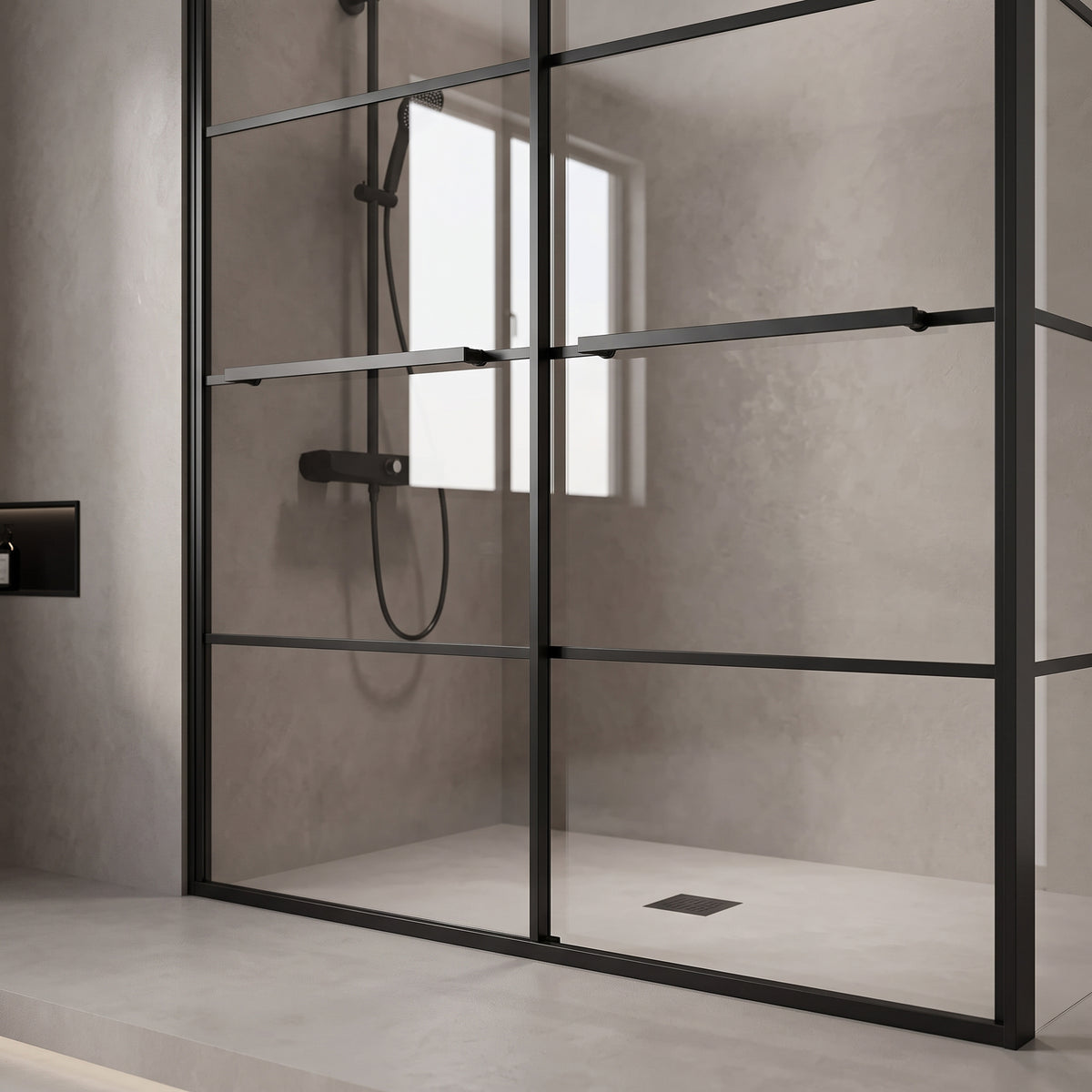 Porte de douche coulissante en coin réversible 60po x 36po x 79po en noir mat