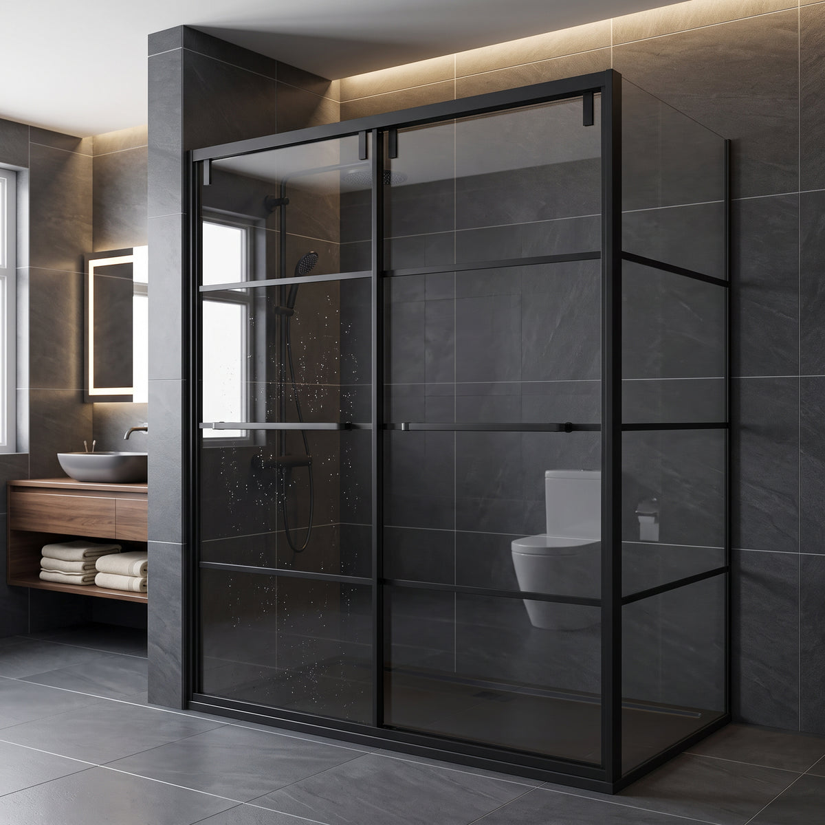 Porte de douche coulissante en coin réversible 60po x 36po x 79po en noir mat