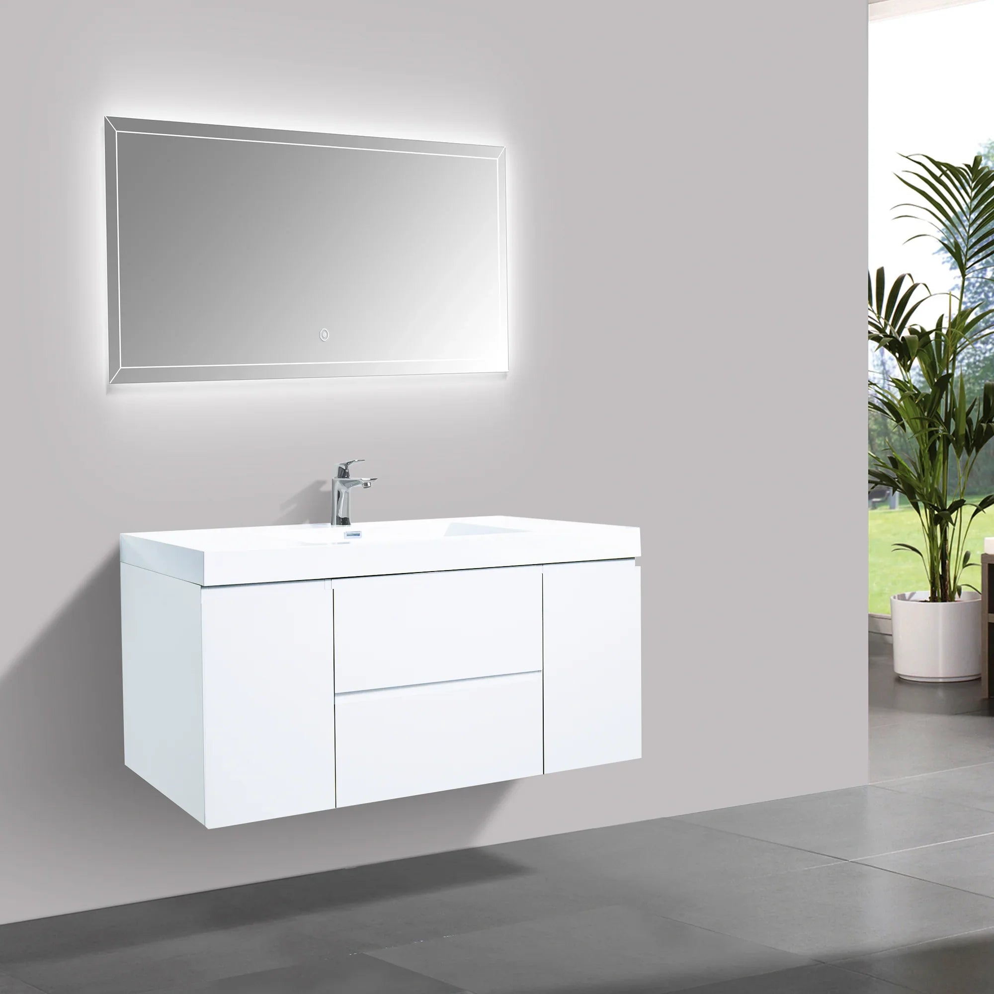 48" Glossy White Wall Mount Single Sink Bathroom Vanity with White Polymarble Countertop