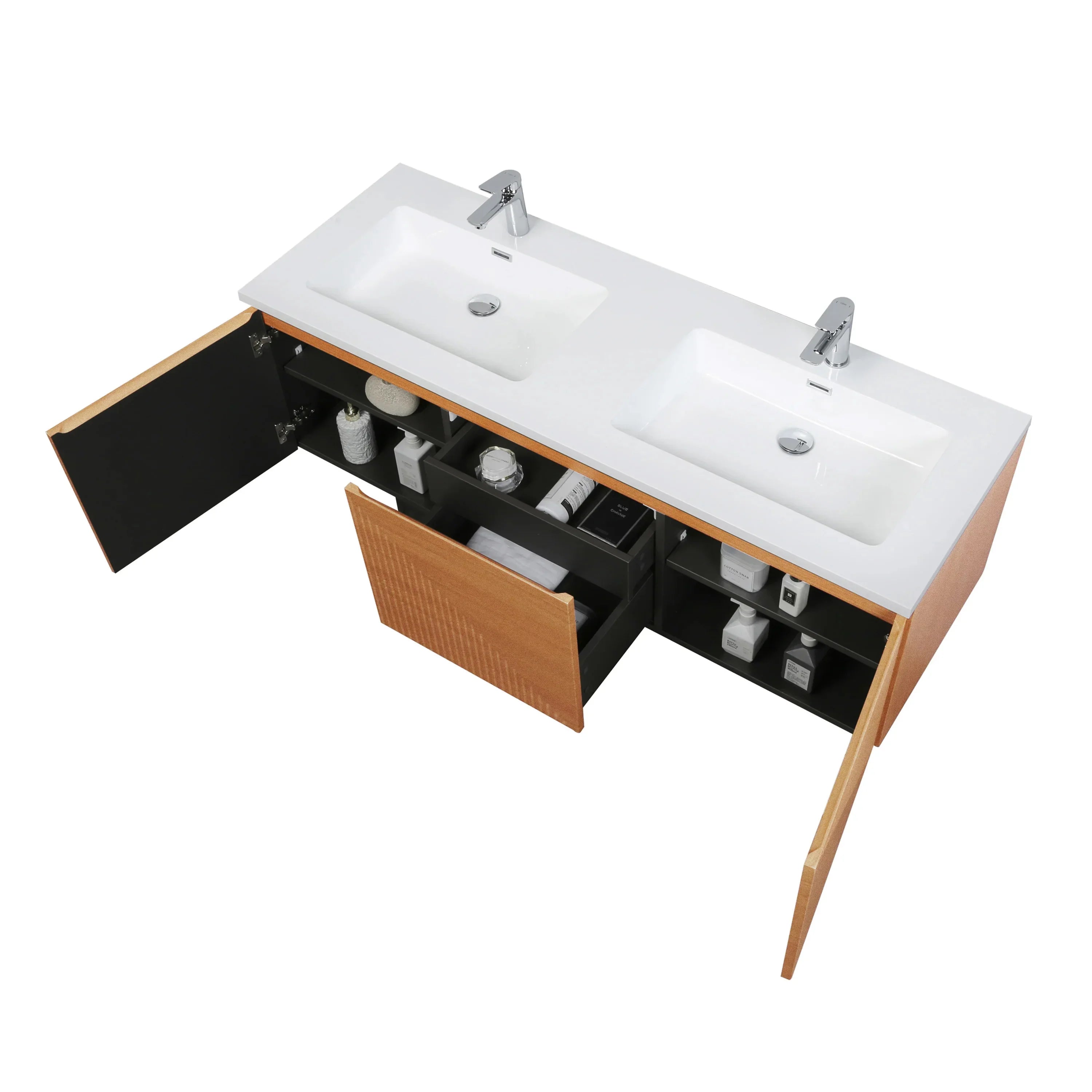 60" Light Oak Wall-Mounted Double Sink Bathroom Vanity with White Polymarble Countertop