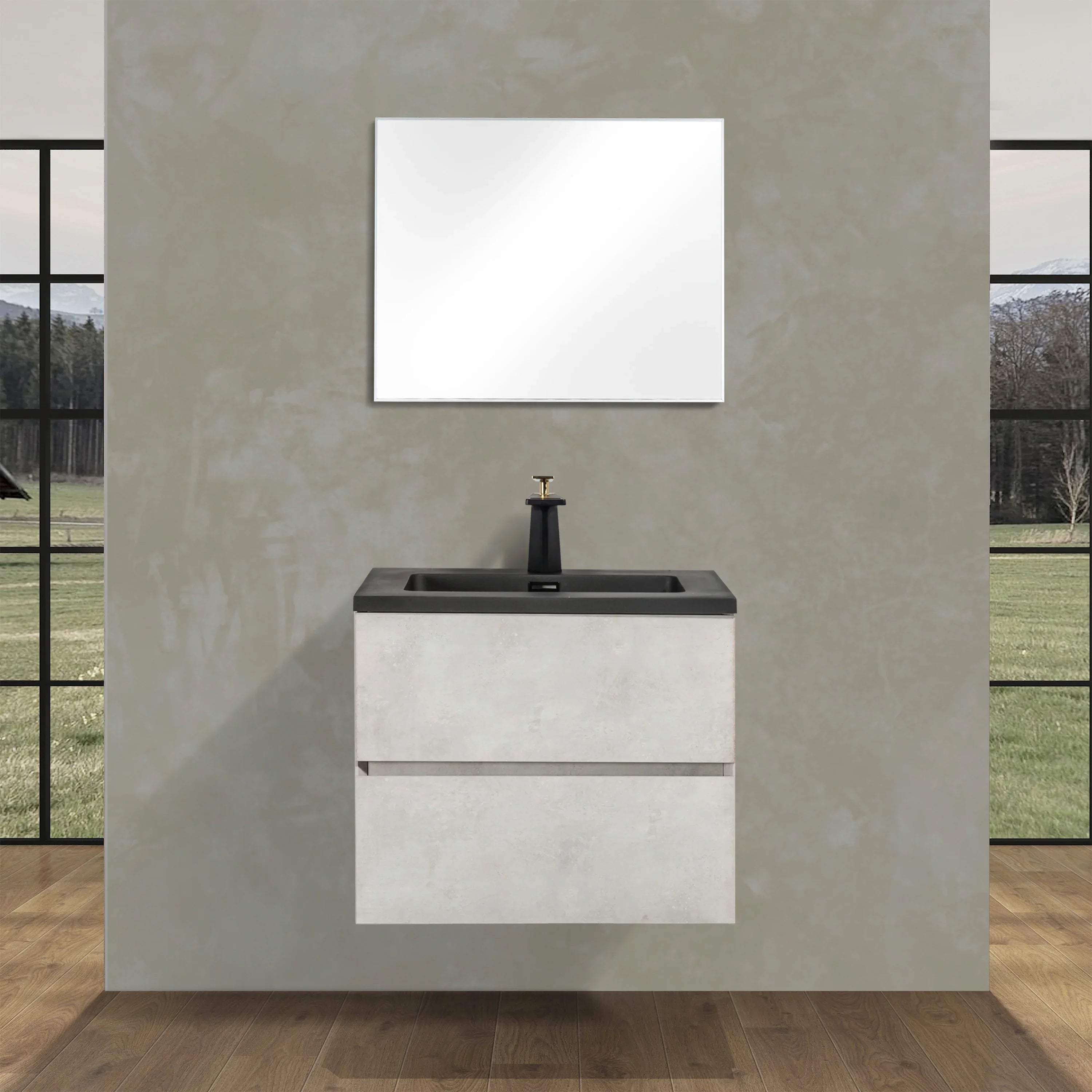 Meuble-lavabo mural gris 24" avec Comptoir en quartz noir reconstitué