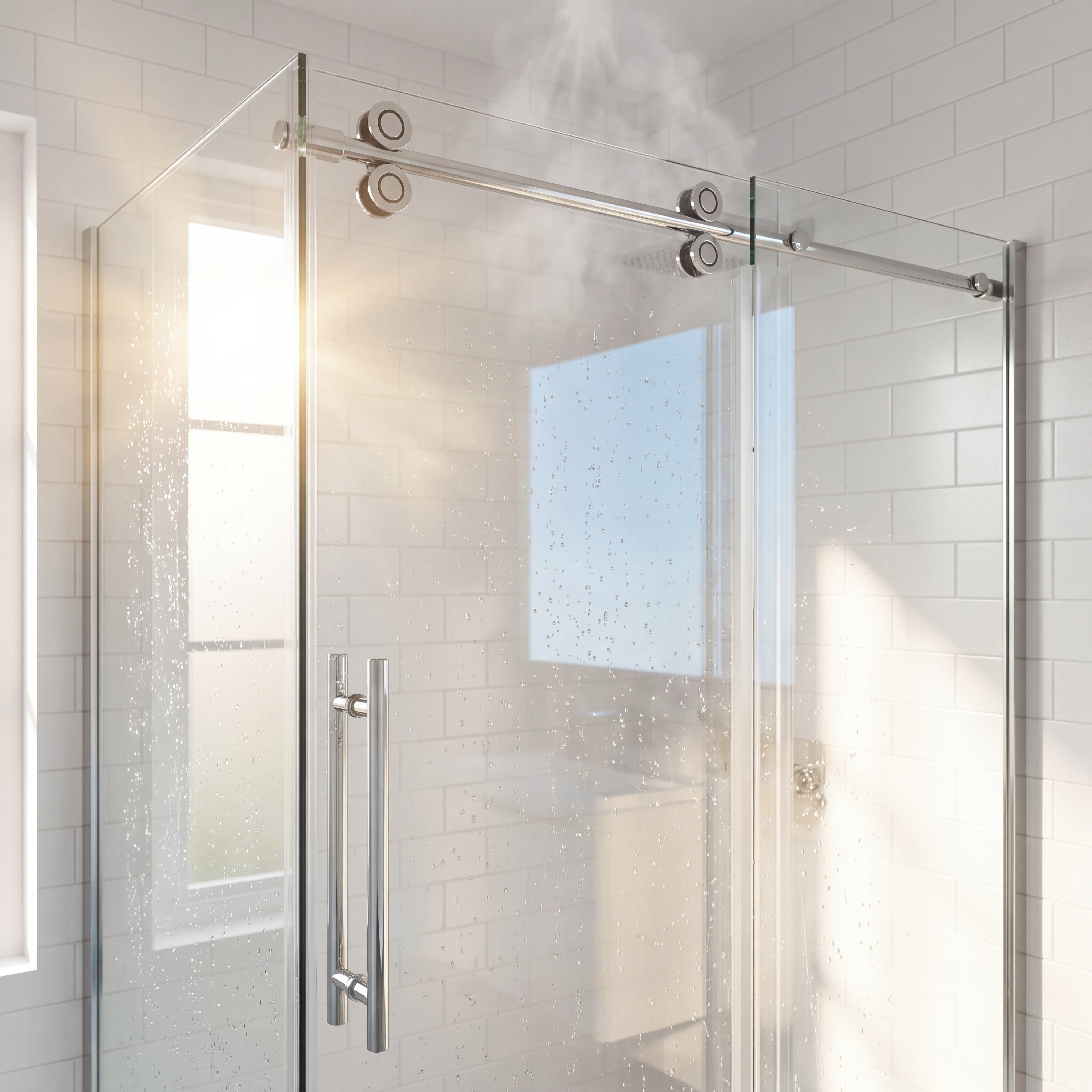 Porte de douche coulissante en coin réversible 60po x 32po x 75po en chrome avec quincaillerie ronde