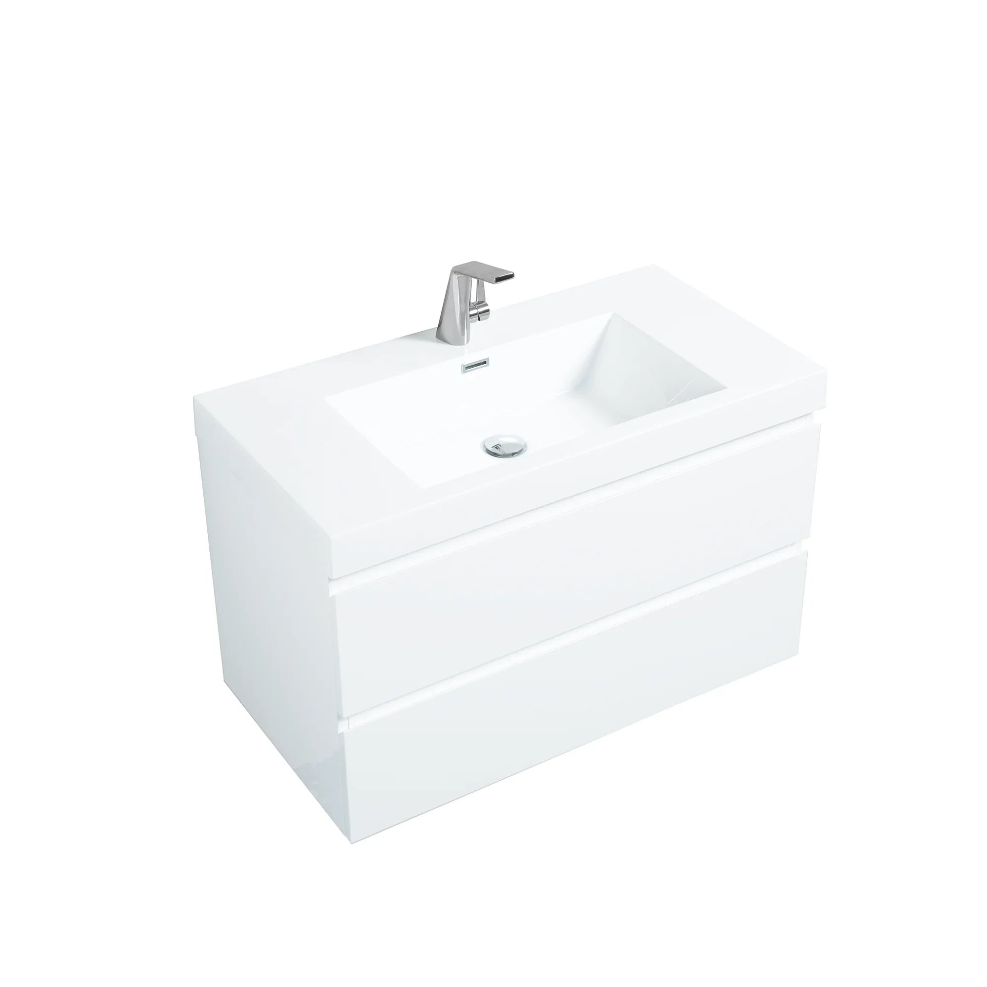 36" Glossy White Wall Mount Bathroom Vanity with White Polymarble Countertop
