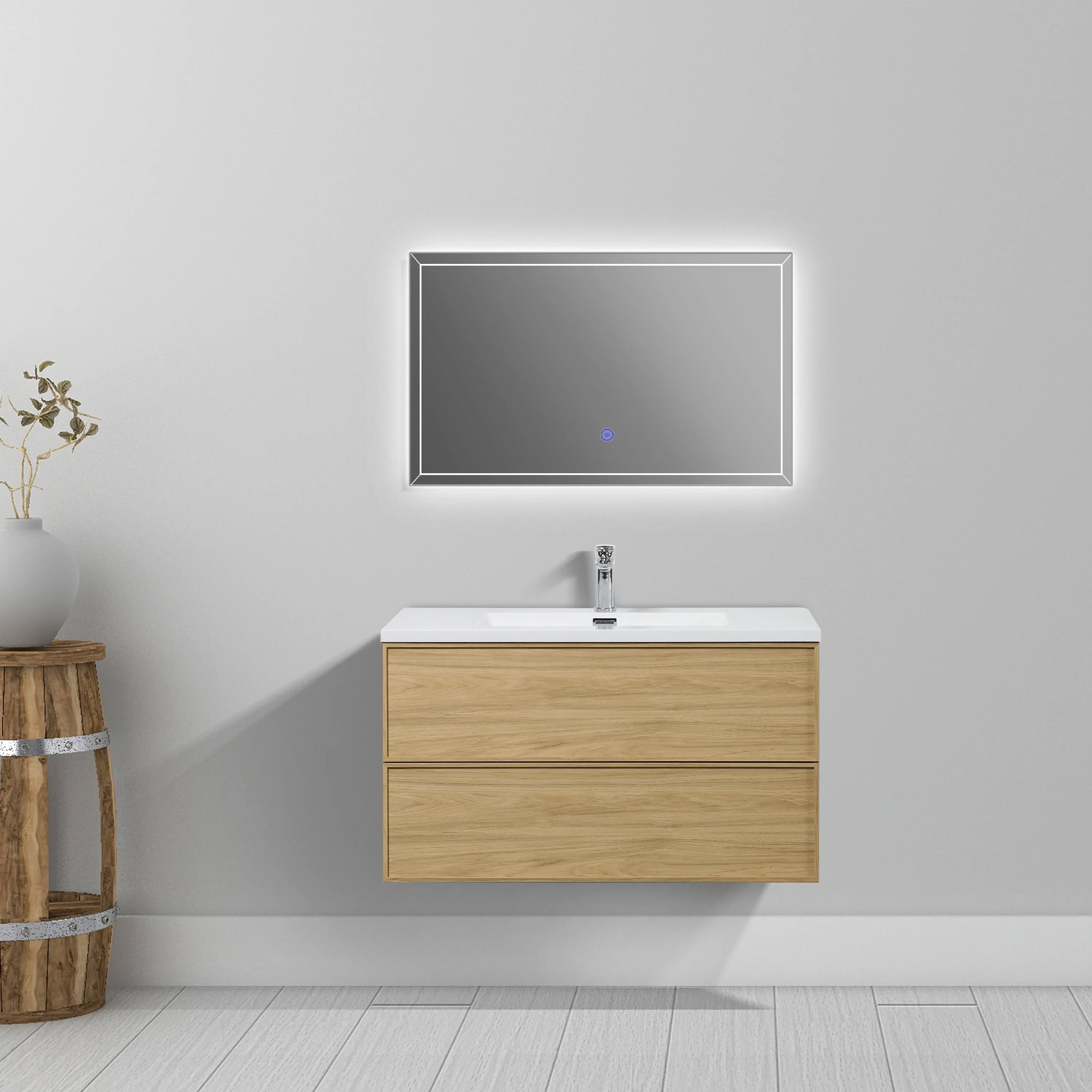 Meuble Lavabo Flottant 36po Noyer Couchant avec Comptoir Polymarbre Blanc - Collection Luxe