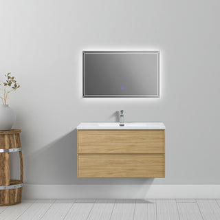 Meuble-Lavabo Mural 36po Noyer Couchant avec Comptoir de Polymarbre Blanc