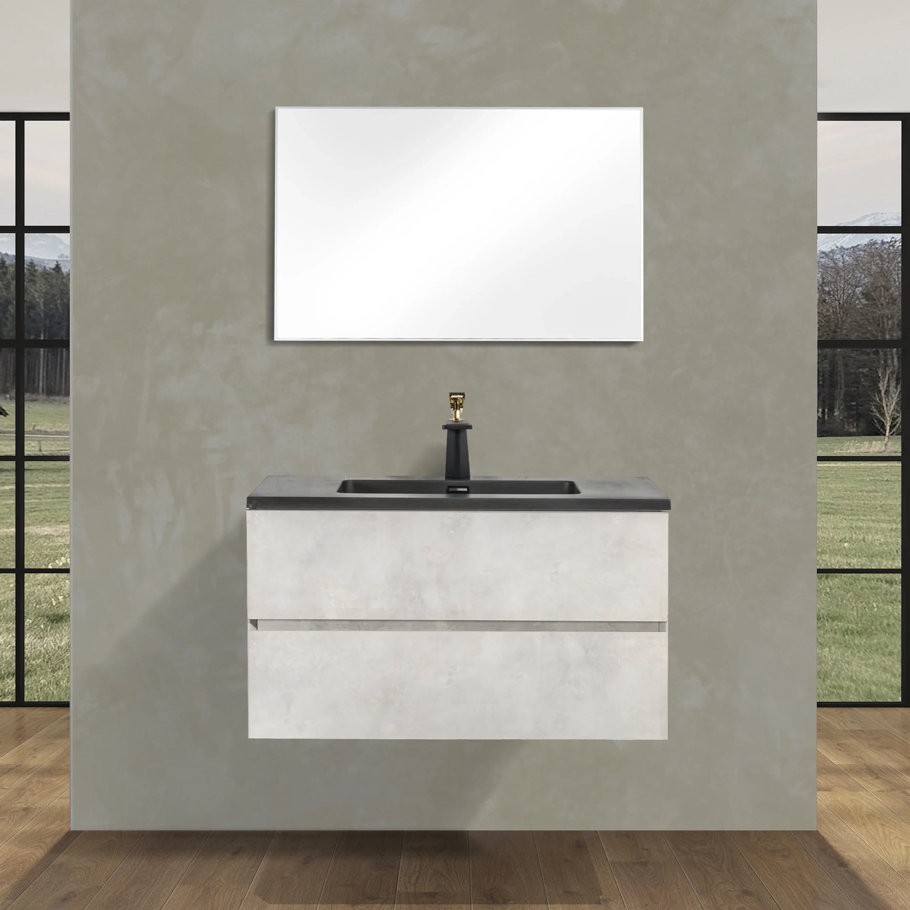 36" Grey Wall Mount Single Sink Bathroom Vanity with Black Engineered Quartz Countertop