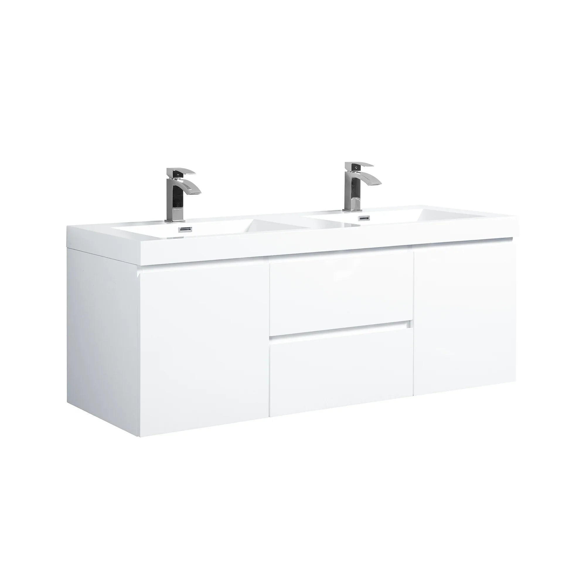 60" Glossy White Wall Mount Double Sink Bathroom Vanity with White Polymarble Countertop