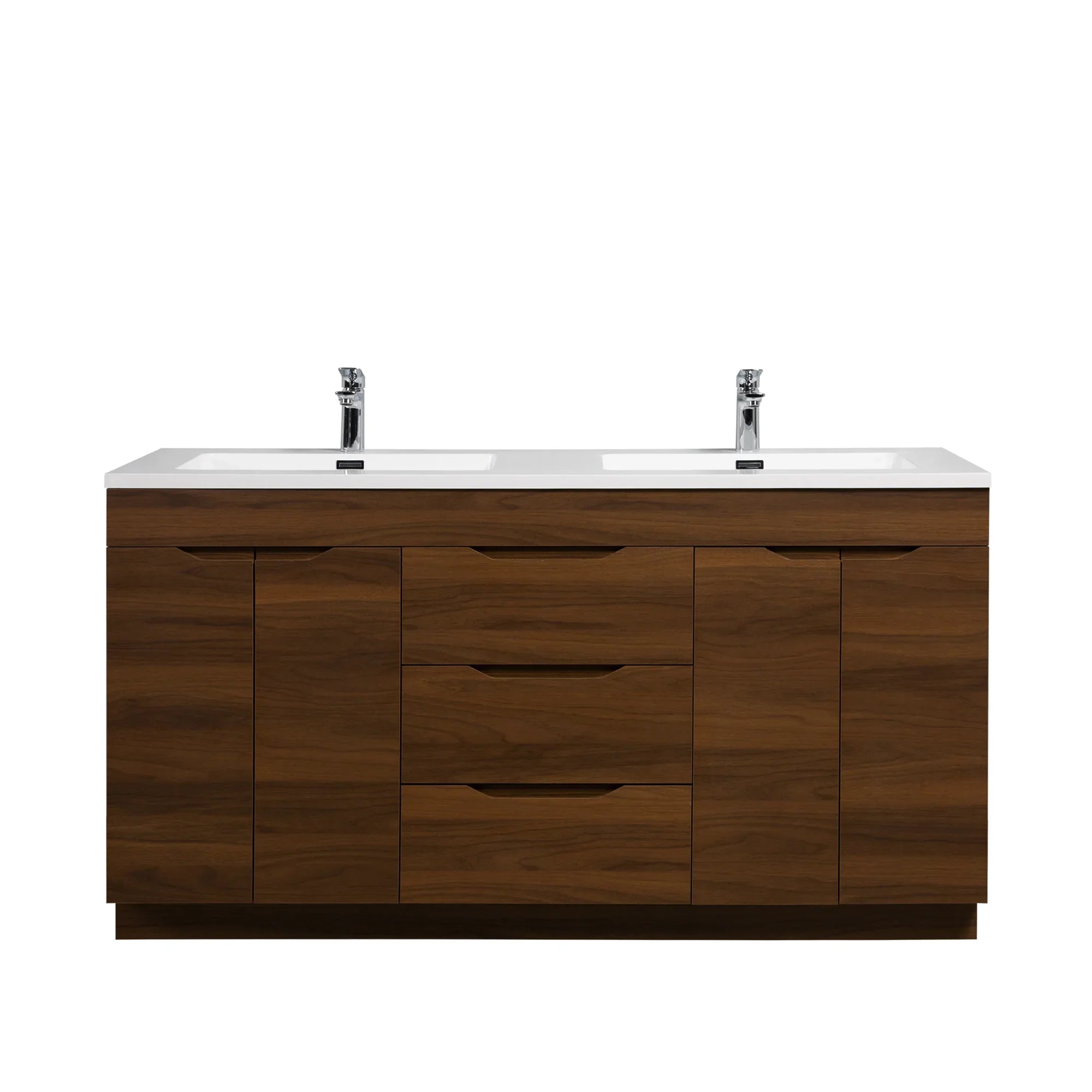 60" Walnut Freestanding Double Sink Vanity with White Polymarble Countertop - Augusta Collection