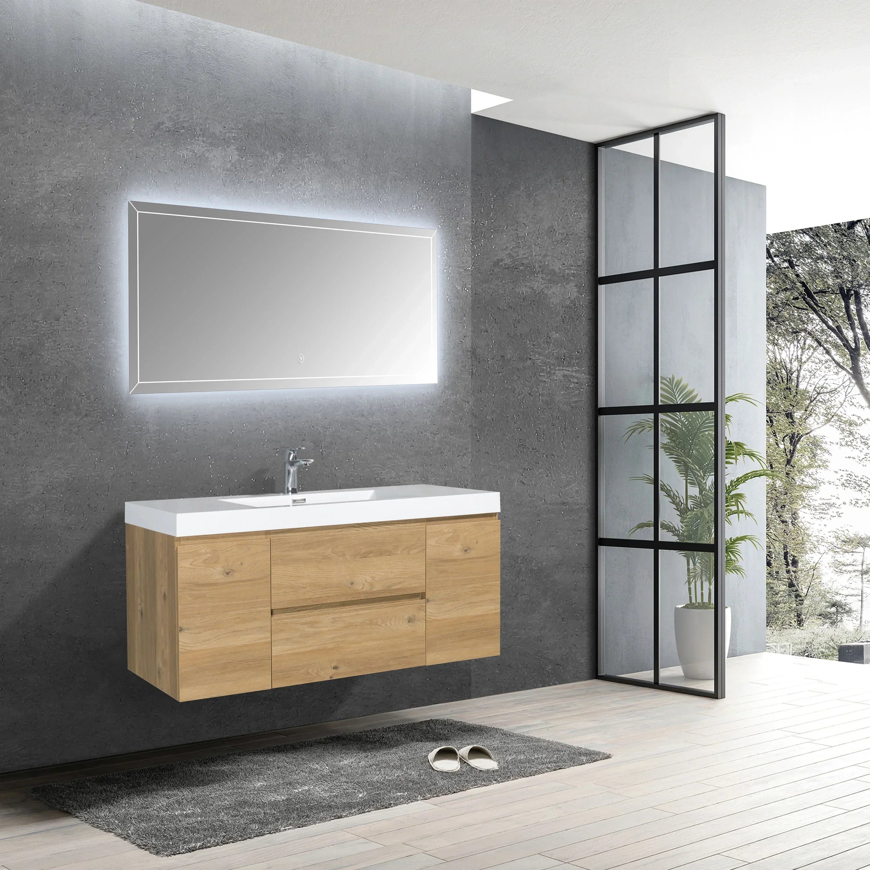 Meuble-lavabo Mural en Chêne Brut 48" avec Comptoir en Polymarbre Blanc - KD