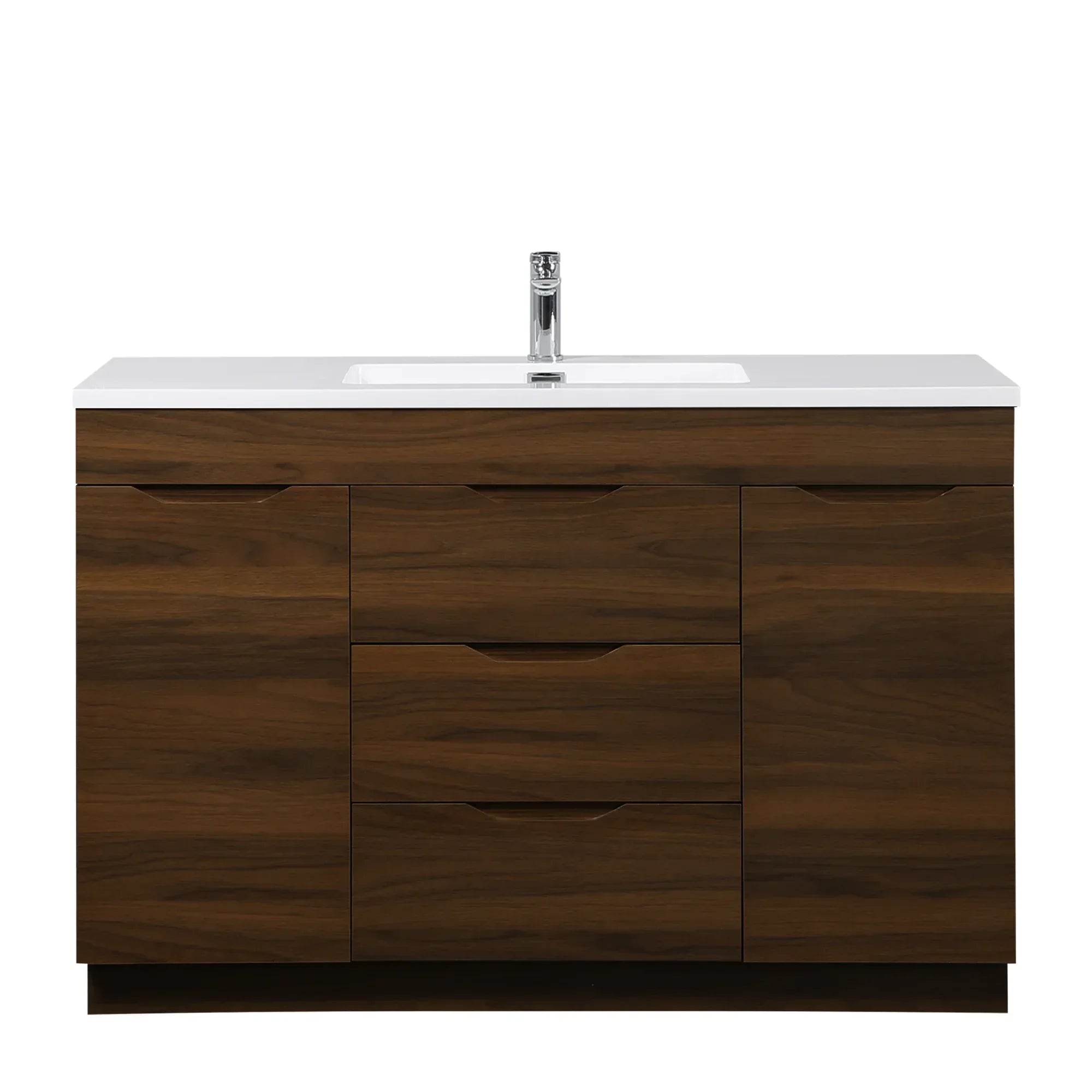 48" Walnut Freestanding Bathroom Vanity with White Polymarble Countertop