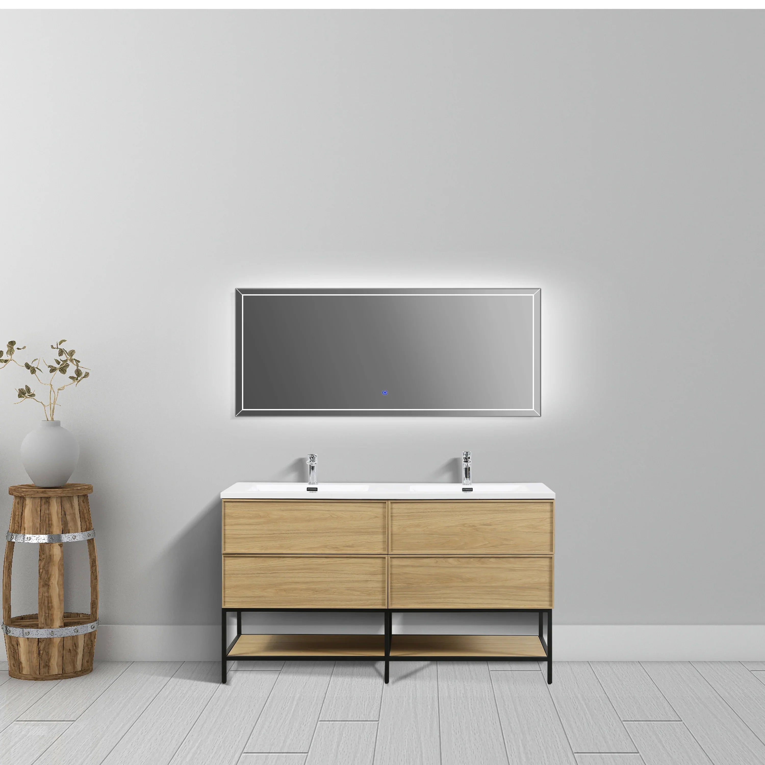 Meuble Lavabo Mural 60 pouces Noyer Couchant Double Vasque avec Comptoir Polymarbre Blanc