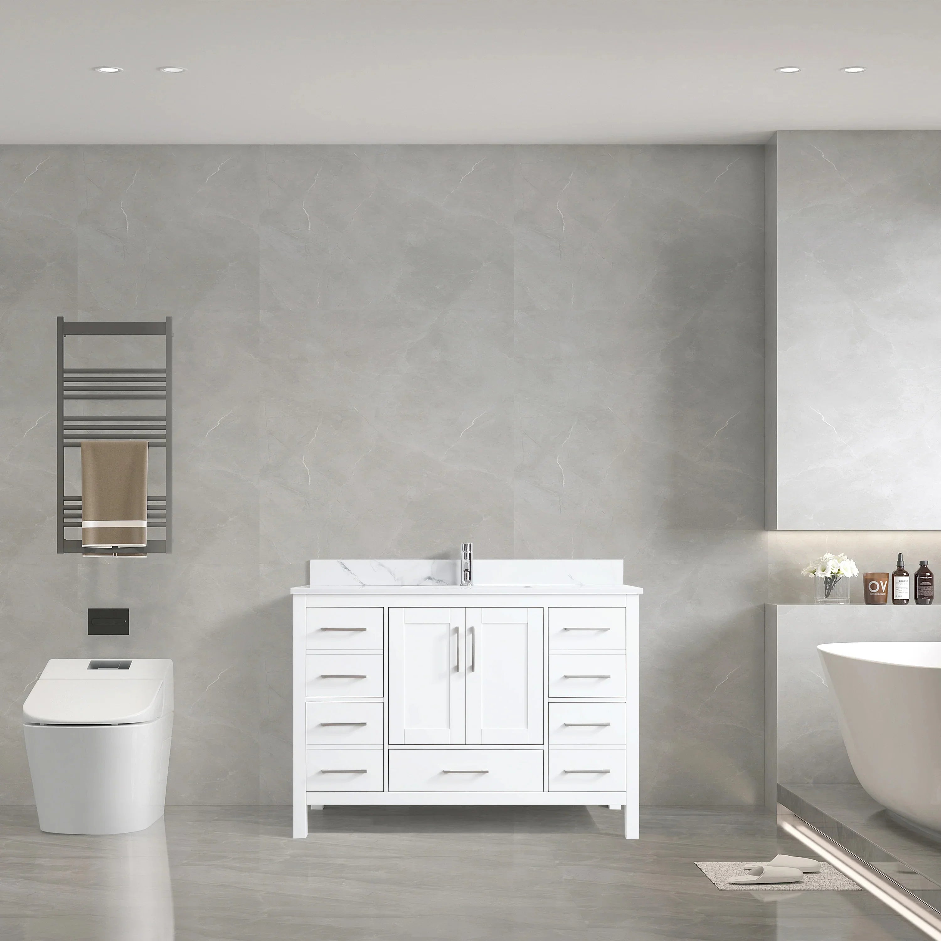 48" White Freestanding Bathroom Vanity with Engineered Calcutta Marble Countertop